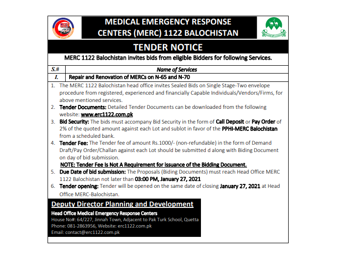 Read more about the article Tender for Repair & Renovation of MERCs at N-65 & N-70